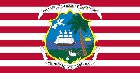The official current flag and coat of arms of Republic of Liberia. State flag of Liberia. Illustration.