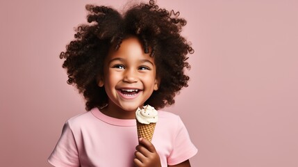 Radiant Black girl with a big smile holding a vanilla ice cream cone on a matching pink background.