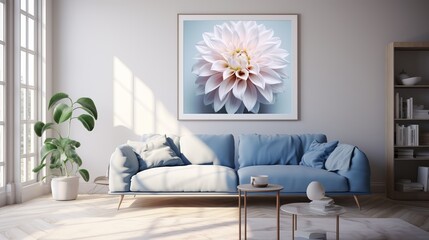 The living room features a blue sofa and a wall-mounted flower painting.