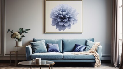 The living room features a blue sofa and a wall-mounted flower painting.