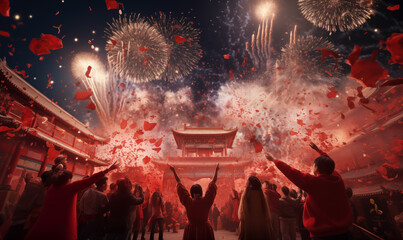Chinese people are laughing and celebrating the Spring Festival with the sound of fireworks and firecrackers, time synthesis, Classicism, 8K, high detail - obrazy, fototapety, plakaty