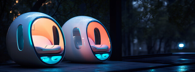 Futuristic neon capsule hotel unit with a cozy pod chair, outdoors during sunset. Pod-style bedroom elliptical shape, contemporary design aesthetic and eco-friendly housing, night. Banner, copy space.