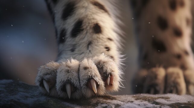 A captivating close-up of a snow leopard's paws, highlighting their strength and agility.