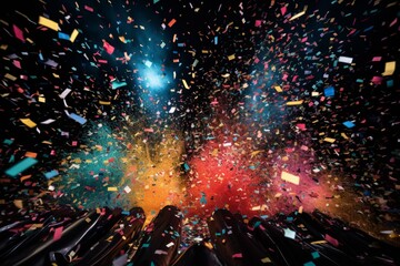 : A burst of confetti cannons at a festive event, creating a colorful explosion