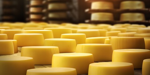 the process of making parmesan cheese in a factory. piles of expensive parmesan cheese in a cheese factory. generative AI - obrazy, fototapety, plakaty