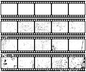 A set of vintage photographic or film films, damaged and clean. Vector monochrome illustration. Background or element for design