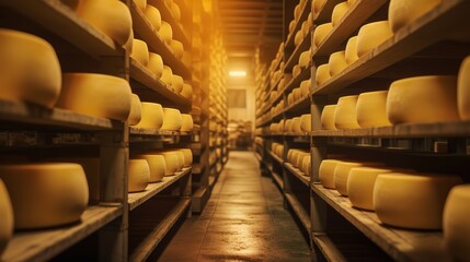 piles of expensive parmesan cheese in a cheese factory. generative AI - obrazy, fototapety, plakaty