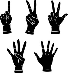 Black Icons of Hands Showing Numbers. Vector Cartoon Hands Counting from One to Five. Vector illustration