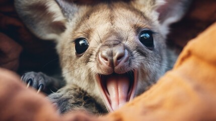 A close-up of a yawning baby kangaroo, peering out from its mother's pouch with curiosity.