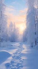 Fototapeta na wymiar snow covered road in winter forest. Walk in winter woods, unusual snow road or forest trail footpath. The snowy forrest path way. Winter snowy landscape