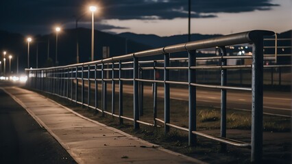 Metal railings on the side of a concrete highway road at city night from Generative AI