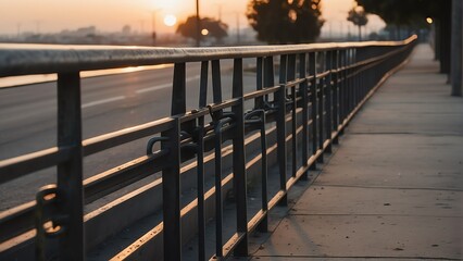 Metal railings on the side of a concrete road at city sunset from Generative AI