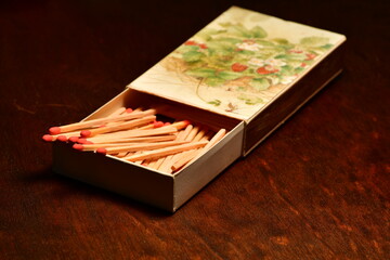 Matchstick matchbox on Table macro classic decoration fire candle retro