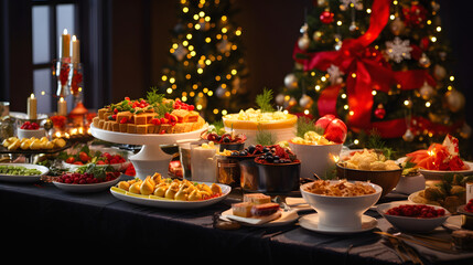 festive Christmas dinner table full of various dishes, with a decorated Christmas tree in the background and lights giving a warm atmosphere