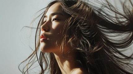 asian woman with long shiny hair on light background. Ad of shampoo
