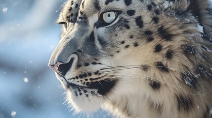 Fototapeta premium A detailed view of a snow leopard's whiskers against a snowy background, creating a striking contrast.