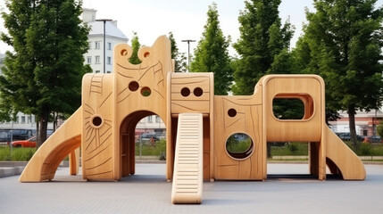 Colorful playground made of wooden empty outdoor playground set playground equipment. Garden equipment. Childrens slide. School yard. Playground in park.