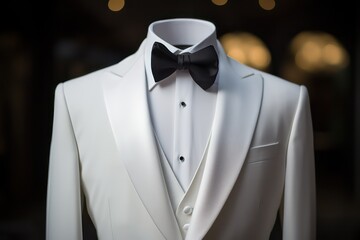 Closeup of Black bow on white tuxedo jacket for men's wedding, Elegant gentlemen groom luxury lifestyle fashion