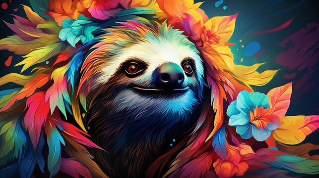A digital painting of a sloth with vibrant and colorful patterns on its fur.