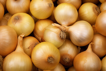 A close-up of numerous yellow onions with dry, papery skins, filling the frame with their golden tones. High quality illustration. - obrazy, fototapety, plakaty