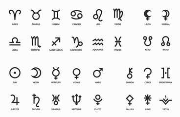 astrology symbol set. zodiac signs, planet, asteroid and lunar symbols. horoscope and astronomy icons. vector images - obrazy, fototapety, plakaty