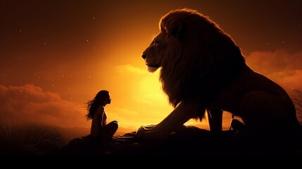 A dramatic silhouette of a lioness sitting gracefully, with a majestic lion in the background.