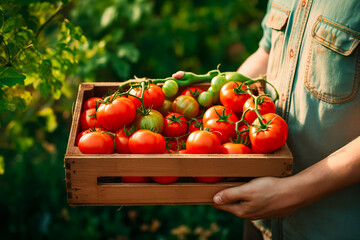 The farmer is holding a wooden box with tomatoes. Fresh farm products
