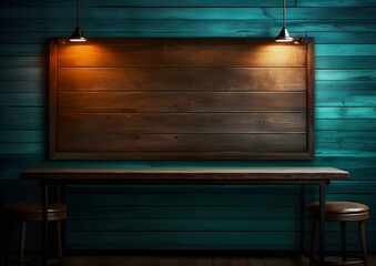 cozy restaurant corner with a wooden table and stools against a turquoise wall with a large, empty framed wooden board and hanging lights