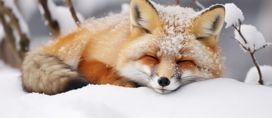 Red fox resting in snowy winter at Zao fox village, Japan.
