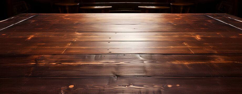 close-up view of a polished wooden table with a warm brown color, showcasing the beautiful natural grain of the wood