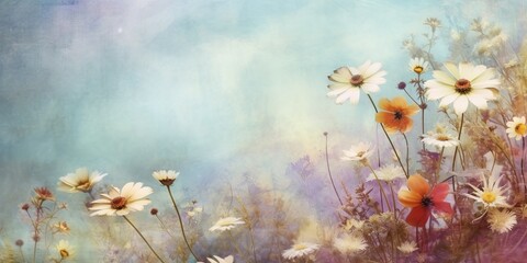 AI Generated. AI Generative. Vintage retro soft painting drawing watercolor oil floral flowers decorative bloom field wild flowers template. Graphic Art