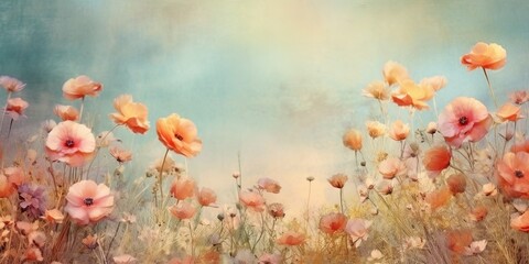 Obraz na płótnie Canvas AI Generated. AI Generative. Vintage retro soft painting drawing watercolor oil floral flowers decorative bloom field wild flowers template. Graphic Art