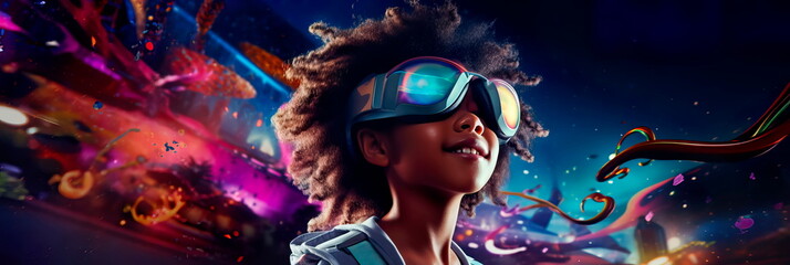 Augmented Reality Adventure child exploring an augmented reality world through smart glasses, sparking their imagination. Generative AI