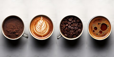 Rows of coffee powder, roasted coffee, and Latte art coffee drinks. generative AI