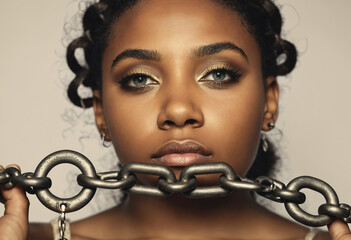 a beautiful black woman with a chain - symbol of freedom/end of slavery - Juneteenth celebration day - obrazy, fototapety, plakaty