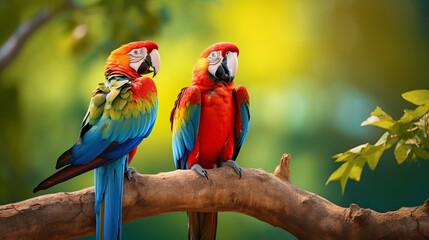 In the natural setting, a pair of colorful red macaw parrot birds are perched on a tree. - Powered by Adobe