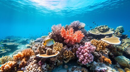 Corals and sponges are located within a tropical coral reef that is flourishing - obrazy, fototapety, plakaty