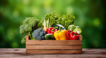 Atop the wooden deck table is a wooden box filled with fresh, organically grown vegetables and leafy greens from the home garden. Concept about health and food.