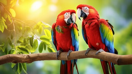 In the natural setting, a pair of colorful red macaw parrot birds are perched on a tree.