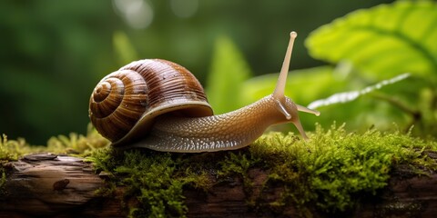 AI Generated. AI Generative. Snail on ground nature background green leaves landscape. Graphic Art - obrazy, fototapety, plakaty