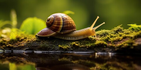 AI Generated. AI Generative. Snail on ground nature background green leaves landscape. Graphic Art