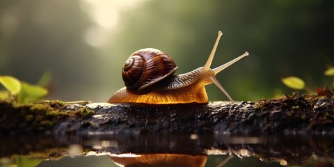 AI Generated. AI Generative. Snail on ground nature background green leaves landscape. Graphic Art - obrazy, fototapety, plakaty