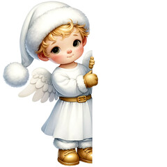 Fototapeta premium Watercolor Cute White and Gold Christmas Peeking Boy Angel