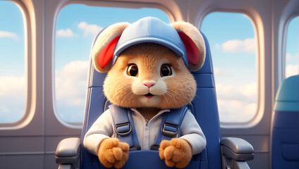 Cute cartoon bunny in an airplane seat vacation
