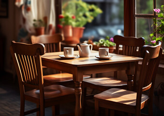 Fototapeta na wymiar warm and inviting cafe scene with a wooden table set for two. Sunlight filters through the window, highlighting the cups and teapot