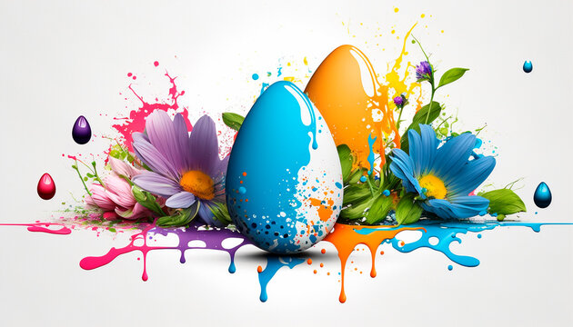 Egg flowers easter splash of paints and colors on a white background. Generative AI,