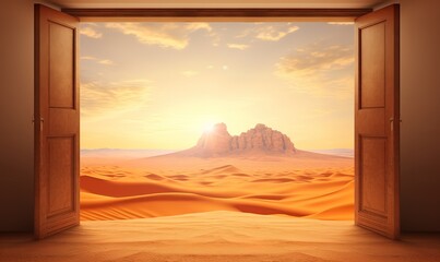 An open door in a desert with a view of the bright sun