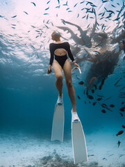 Woman dives along the nurse sharks in Maldives. Underwater view of the girl swimming with shark in...
