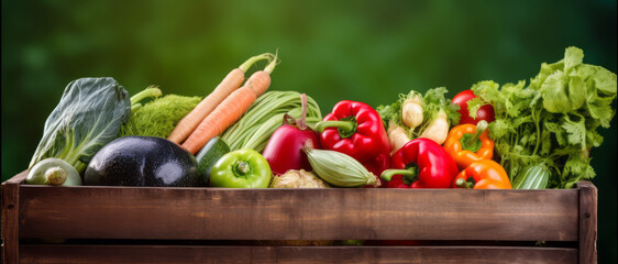 Atop the wooden deck table is a wooden box filled with fresh, organically grown vegetables and...