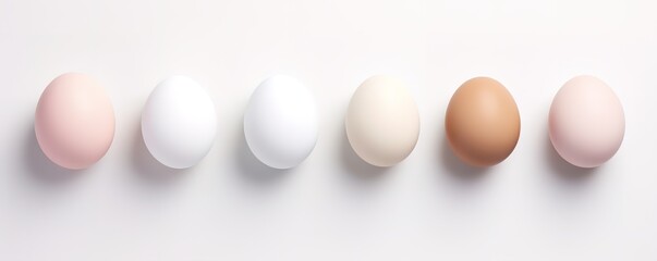 row of fresh and healthy white eggs on white background. generative AI - obrazy, fototapety, plakaty